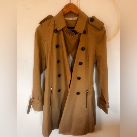 Zara Camel mid length khaki tan Trench Coat size small - Picture 15 of 15